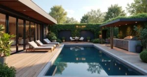 Área de lazer residencial moderna com piscina, churrasqueira e mobiliário confortável em espaço integrado e bem iluminado